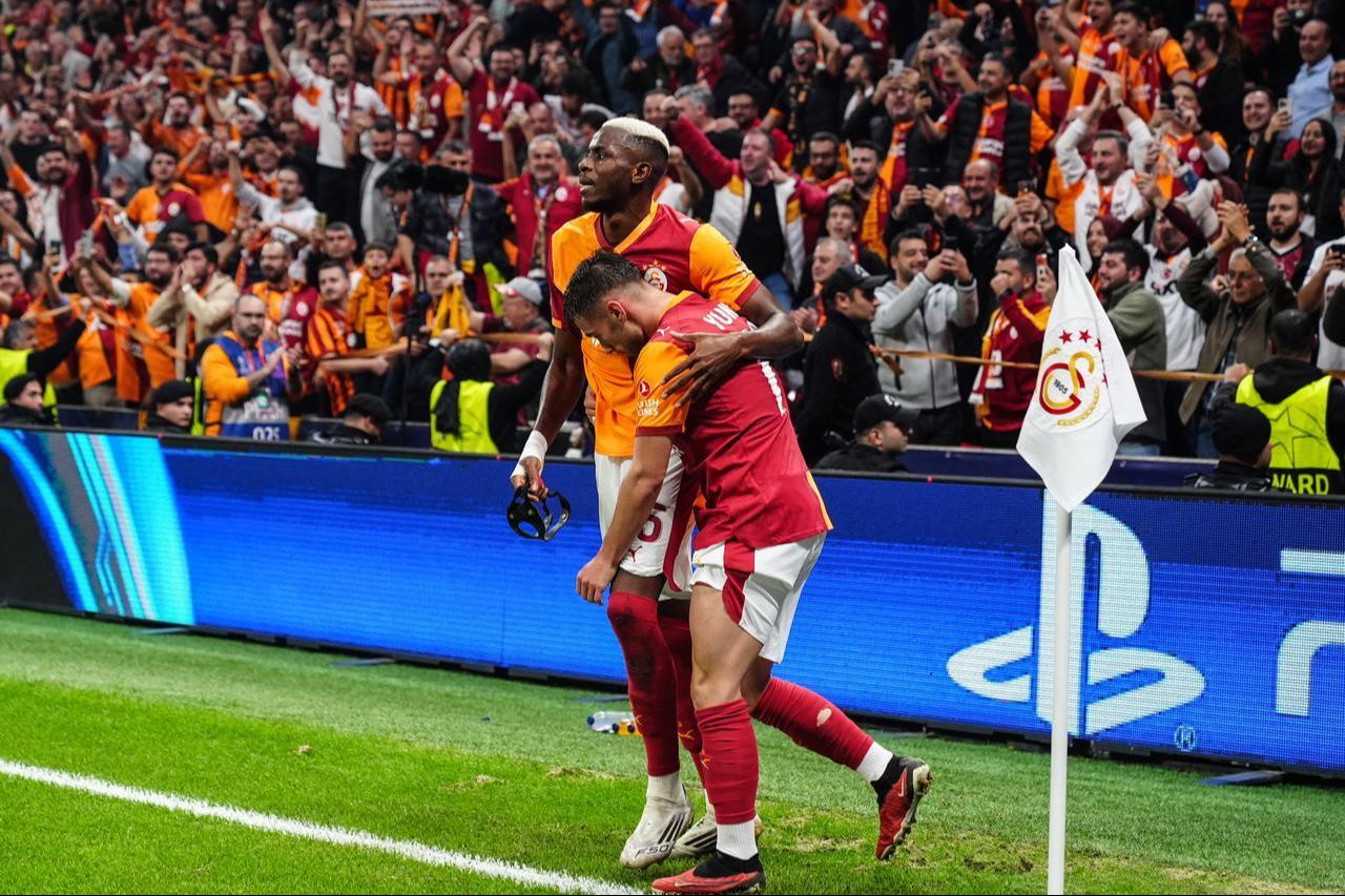 In the third week of the UEFA Champions League, Galatasaray faced Bodo/Glimt at RAMS Park. Galatasaray player Victor Osimhen (left) celebrates with his teammate Yunus Akgun (right) after scoring a goal. Istanbul, Türkiye, October 22, 2025. (AA Photo)