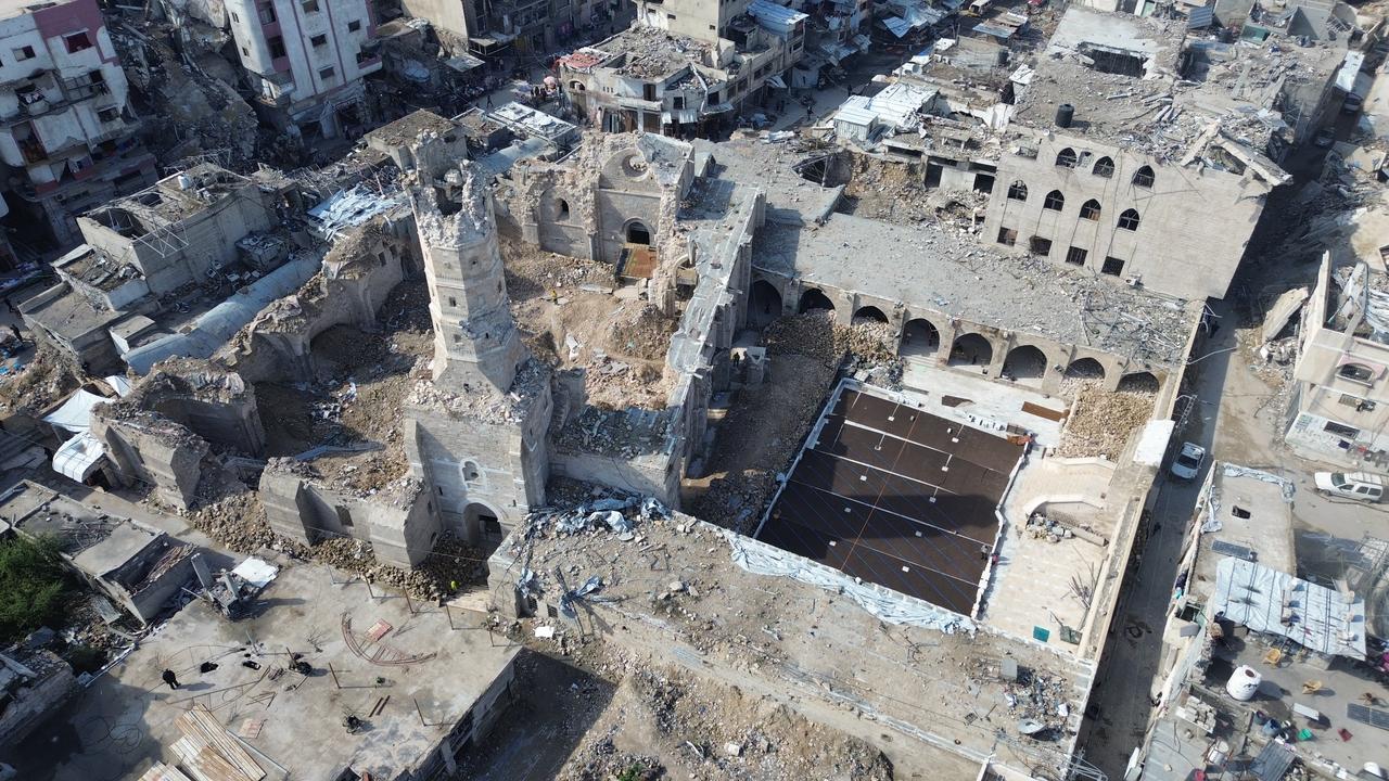 An aerial view of the heavily damaged Great Omari Mosque after Israeli attacks in Gaza City, Gaza, Nov. 17, 2025. (AA Photo)