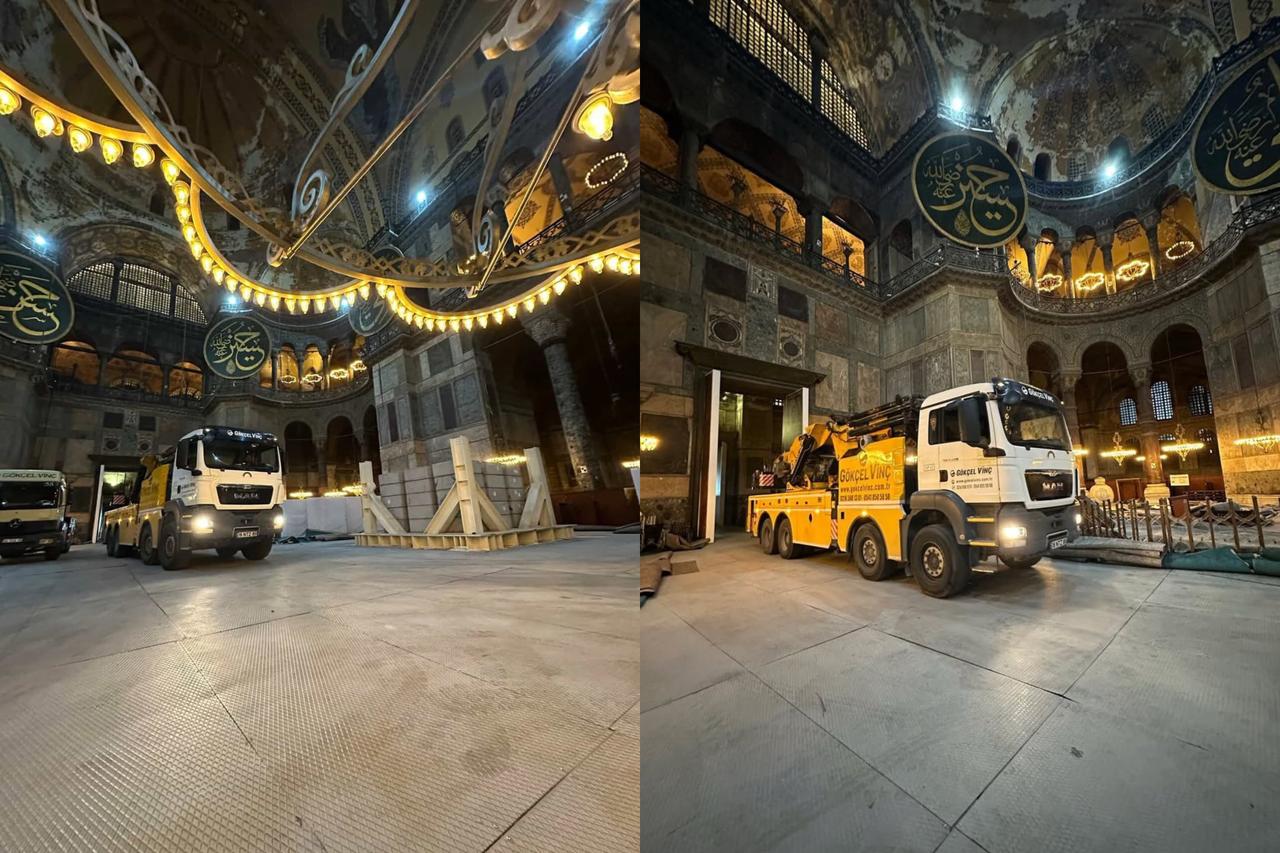 Heavy crane truck driven onto Hagia Sophia floor during restoration sparks concern 