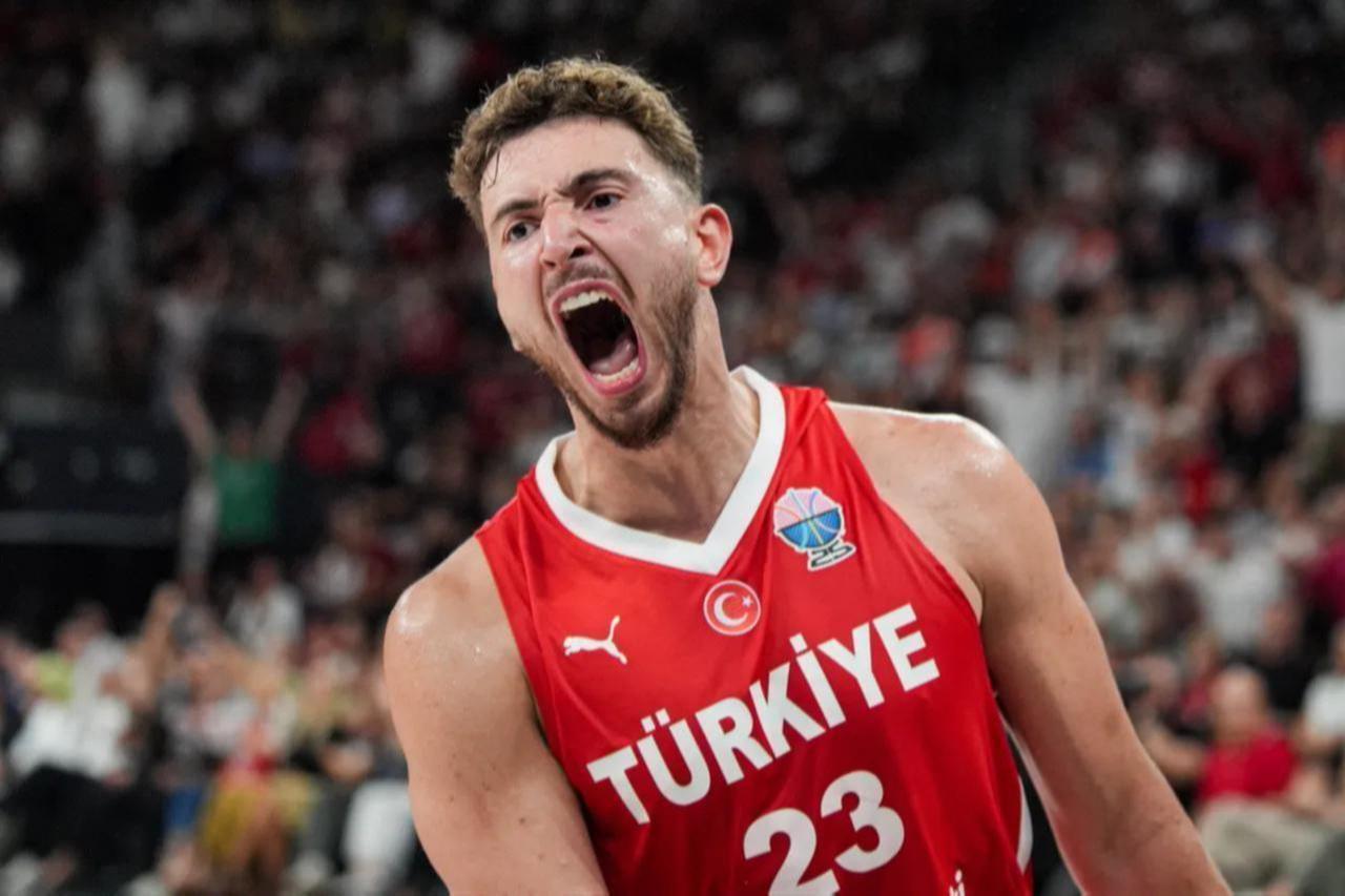 Alperen Sengun reacts during friendly basketball match between Türkiye and Montenegro at Basketball Development Center in Istanbul, Türkiye, Aug. 23, 2025. (AA Photo)