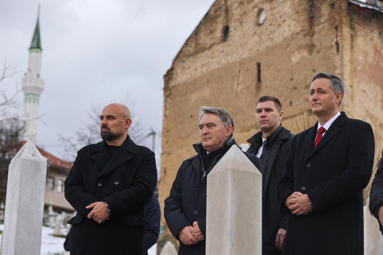 Bosnia and Herzegovina Presidency members Zeljko Komsic and Denis Becirovic lay a wreath at the grave of the country’s first president, Alija Izetbegovic, during Statehood Day commemorations. Sarajevo, Bosnia and Herzegovina, November 25, 2025. (AA Photo)