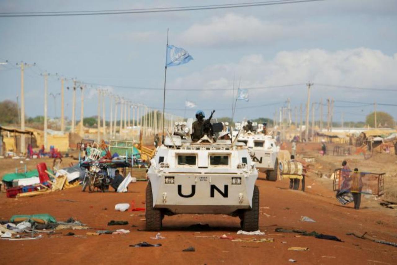 United Nations peacekeeping vehicles patrol a dusty road in Abyei, Sudan, accessed on Nov. 25, 2025. (Photo via un.org)