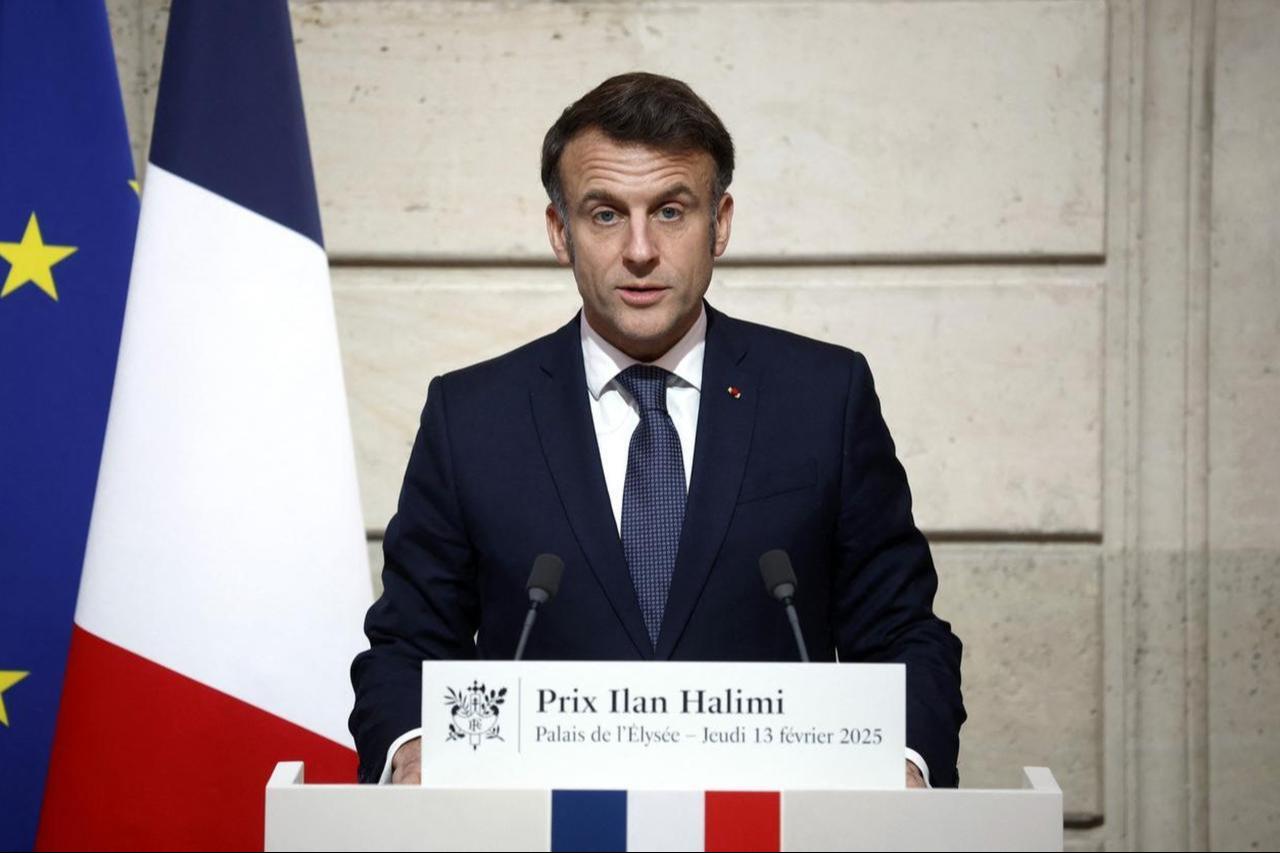 Frances President Emmanuel Macron addresses the audience at the Elysee presidential Palace in Paris, France on Feb. 13, 2025. (AFP Photo)