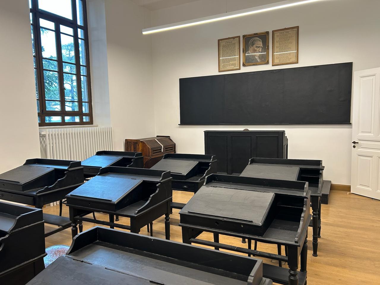 Original carved wooden desks restored for future use in the Halki Seminary’s university-level classrooms, Oct. 25, 2025. (Photo by Koray Erdogan/Türkiye Today)