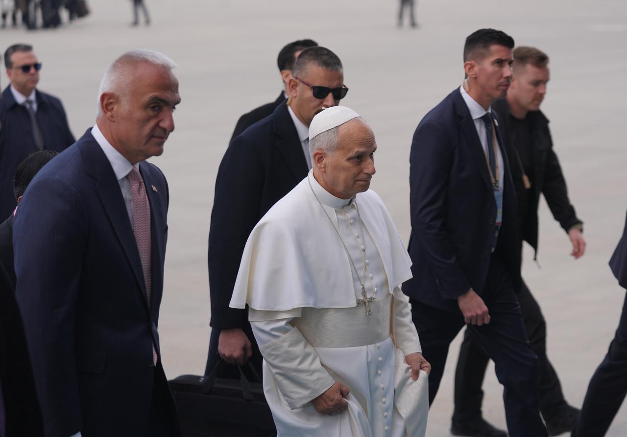 Pope Leo XIV arrives at Esenboga Airport in Ankara as the Vatican head begins his first overseas visit to Ankara, Türkiye, November 27, 2025. (AA Photo)