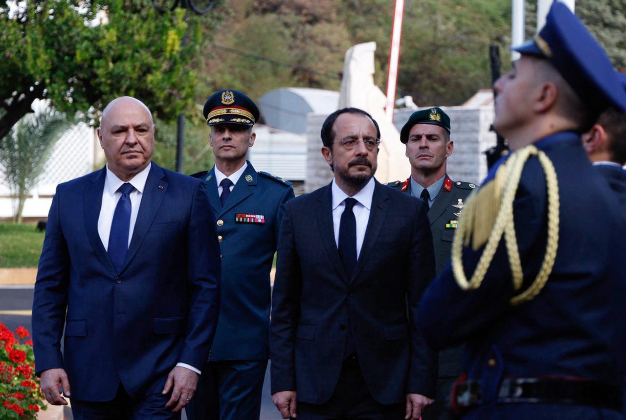 The image shows Lebanese President Joseph Aoun meeting with Greek Cypriot leader Nikos Christodoulides at the presidential palace of Baabda, east of Beirut, on November 26, 2025. (AFP Photo)