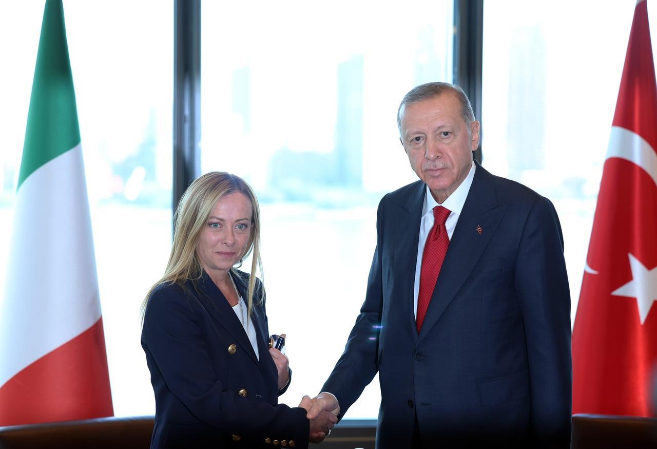 President Recep Tayyip Erdogan (R) receives Italian Prime Minister Giorgia Meloni (L) at the Turkevi Center in New York City, United States on Sept. 19, 2023. (TUR Presidency/ AA Photo)