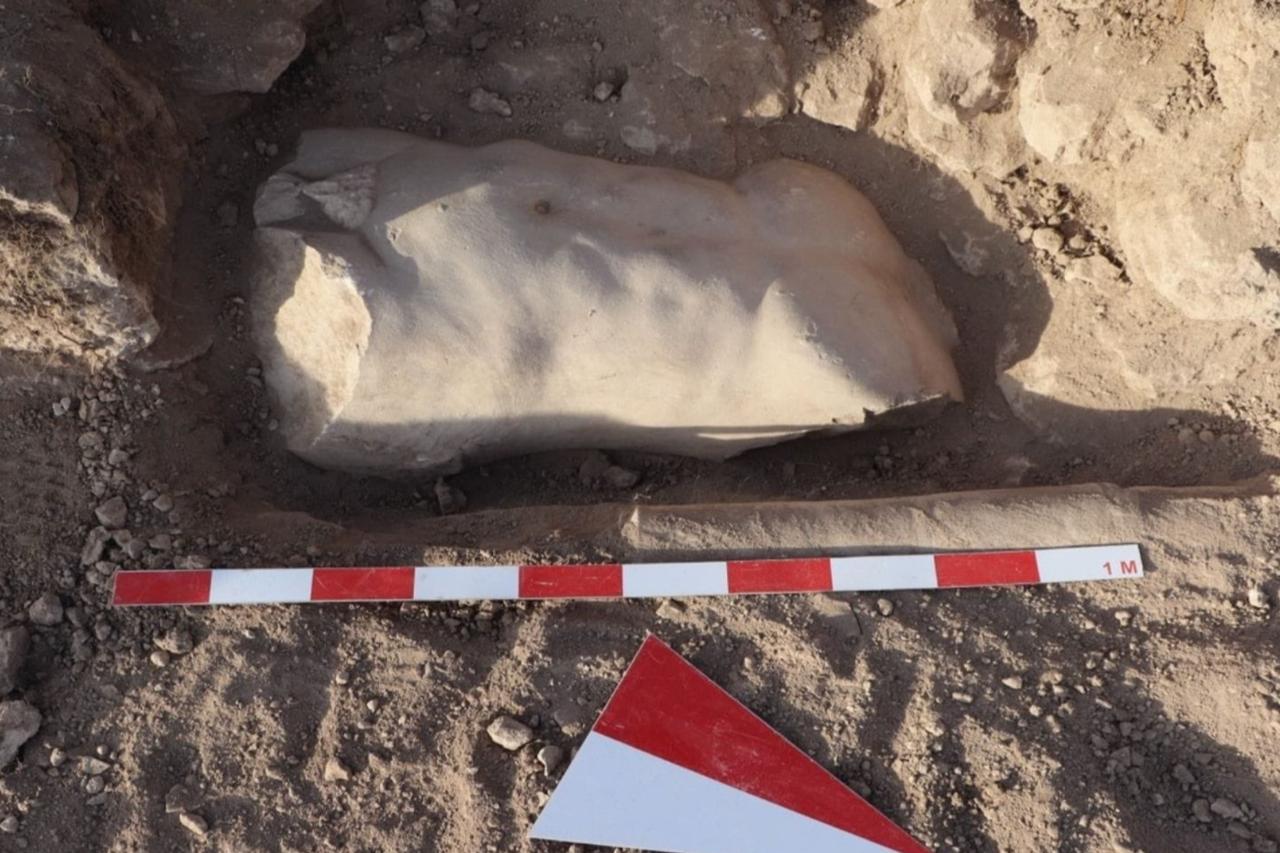 Ancient male statue emerges from Blaundos stadium wall, Western Türkiye