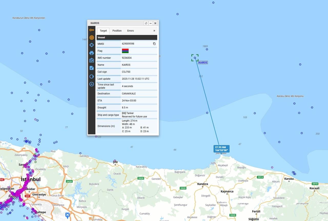 Screengrab shows the location and details of the foreign-flagged vessel off the coast of Kefken, in Kocaeli’s Kandira district in northwestern Türkiye, accessed on Nov. 28, 2025. (IHA Photo)