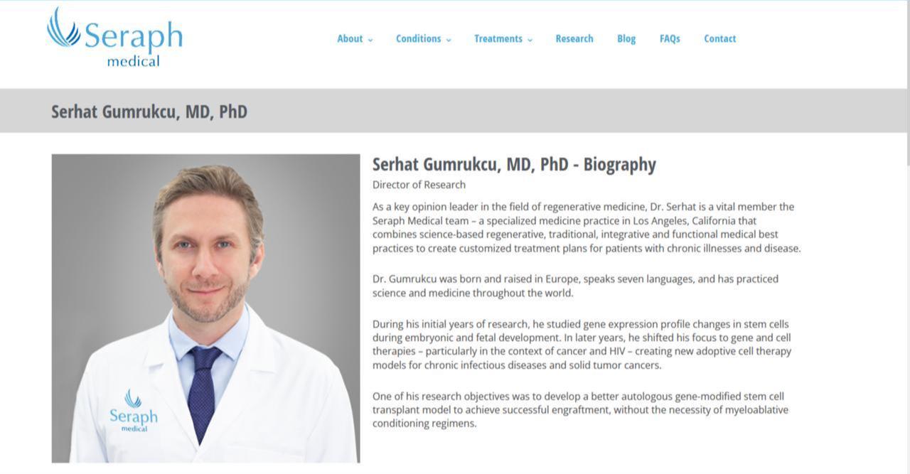 Profile page on Seraph Research Institute presents Serhat Gumrukcu as an MD, PhD and Director of Research, published on the company’s website in 2021, Los Angeles, California. (Image via Seraph Medical)