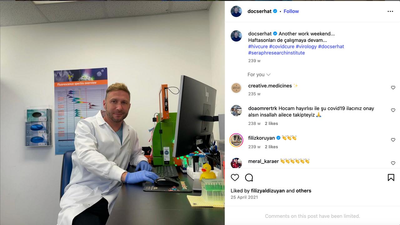 Instagram post shows him working in a Seraph Research Institute lab with hashtags referencing HIV cure research, April 25, 2021, Los Angeles, California. (Photo via Instagram / @docserhat)