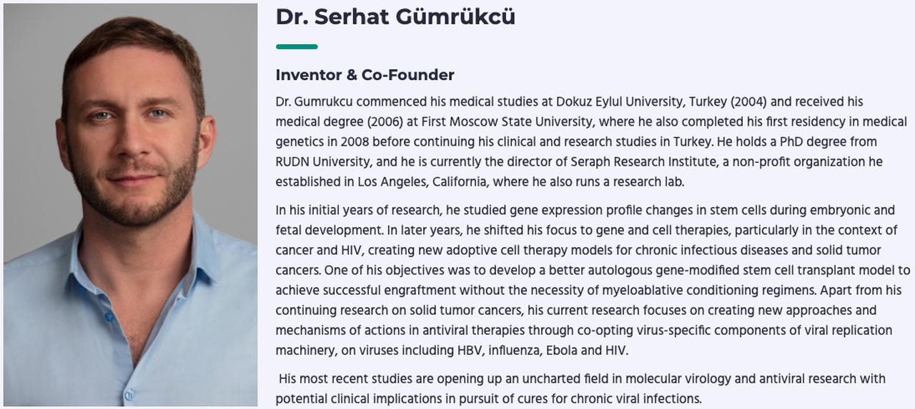 Company biography lists Serhat Gumrukcu as "Inventor and Co-Founder", 2021, Los Angeles, California. (Image via Enochian Biosciences)