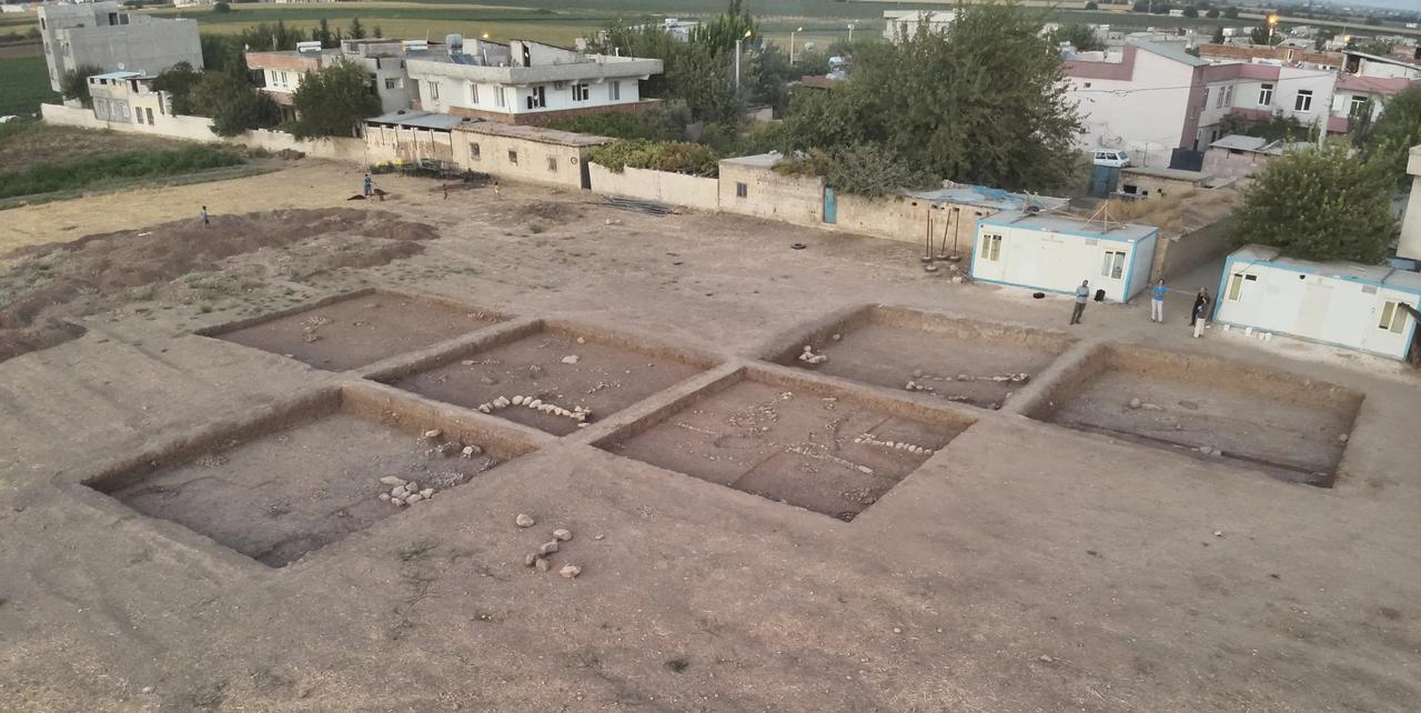 General aerial view of the excavation trenches at Gurcutepe III, showing the layout of 10x10-meter grid squares and structural remains from the late Neolithic settlement. (Photo via Gurcutepe Excavations)