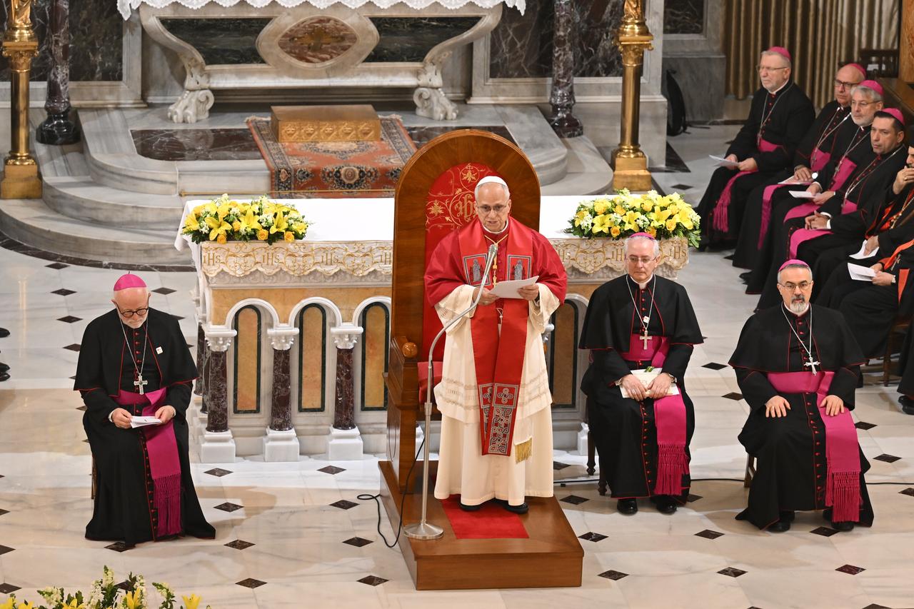 Pope Leo XIV attends a meeting with bishops, priests, deacons, religious leaders and other clergy at the Holy Spirit (Saint Esprit) Cathedral in Istanbul, Türkiye on Nov. 28, 2025. (AA Photo)