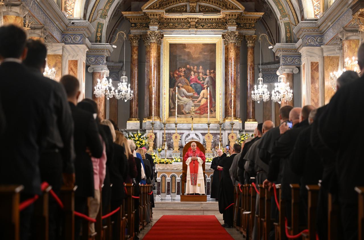 Pope Leo XIV attends a meeting with bishops, priests, deacons, religious leaders and other clergy at the Holy Spirit (Saint Esprit) Cathedral in Istanbul, Türkiye on Nov. 28, 2025. (AA Photo)