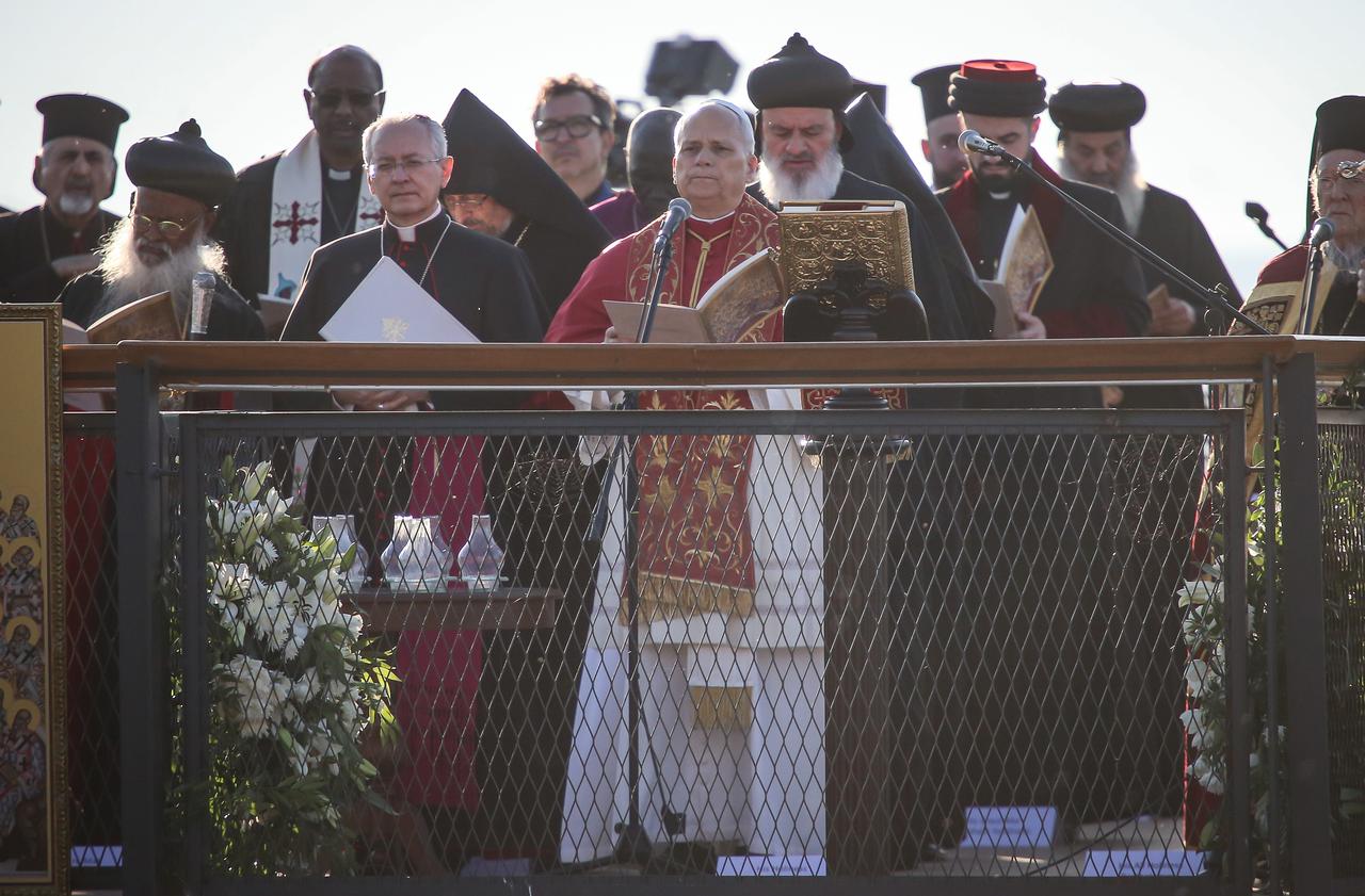 Pope Leo XIV attends a ceremony marking the 1700th anniversary of the First Council of Nicaea held in the ruins of submerged basilica, revealed in 2014 after water levels receded in Lake Iznik and identified as having been built in honor of Saint Neophytos in Bursa, Türkiye on Nov. 28, 2025. (AA Photo)