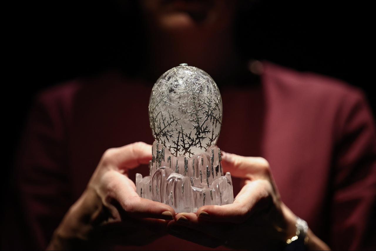 Faberge’s 1913 Winter Egg, commissioned by Tsar Nicholas II as an Easter gift for his mother, on display at Christie’s media preview in London, United Kingdom. November 27, 2025. (Photo by HENRY NICHOLLS / AFP)