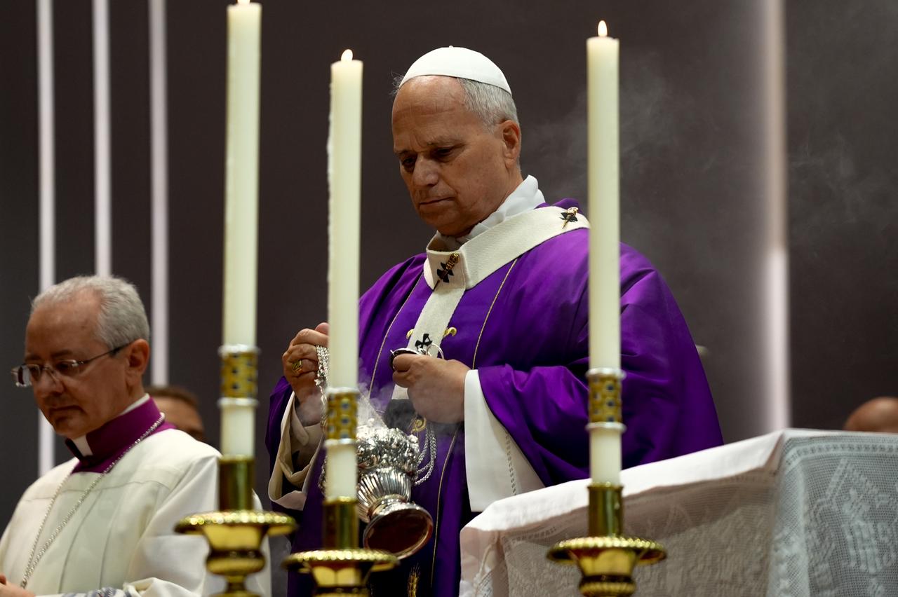 Pope Leo XIV swings a thurible as he leads a holy mass at the Volkswagen Arena in Istanbul, Türkiye on Nov. 29, 2025. (AA Photo)