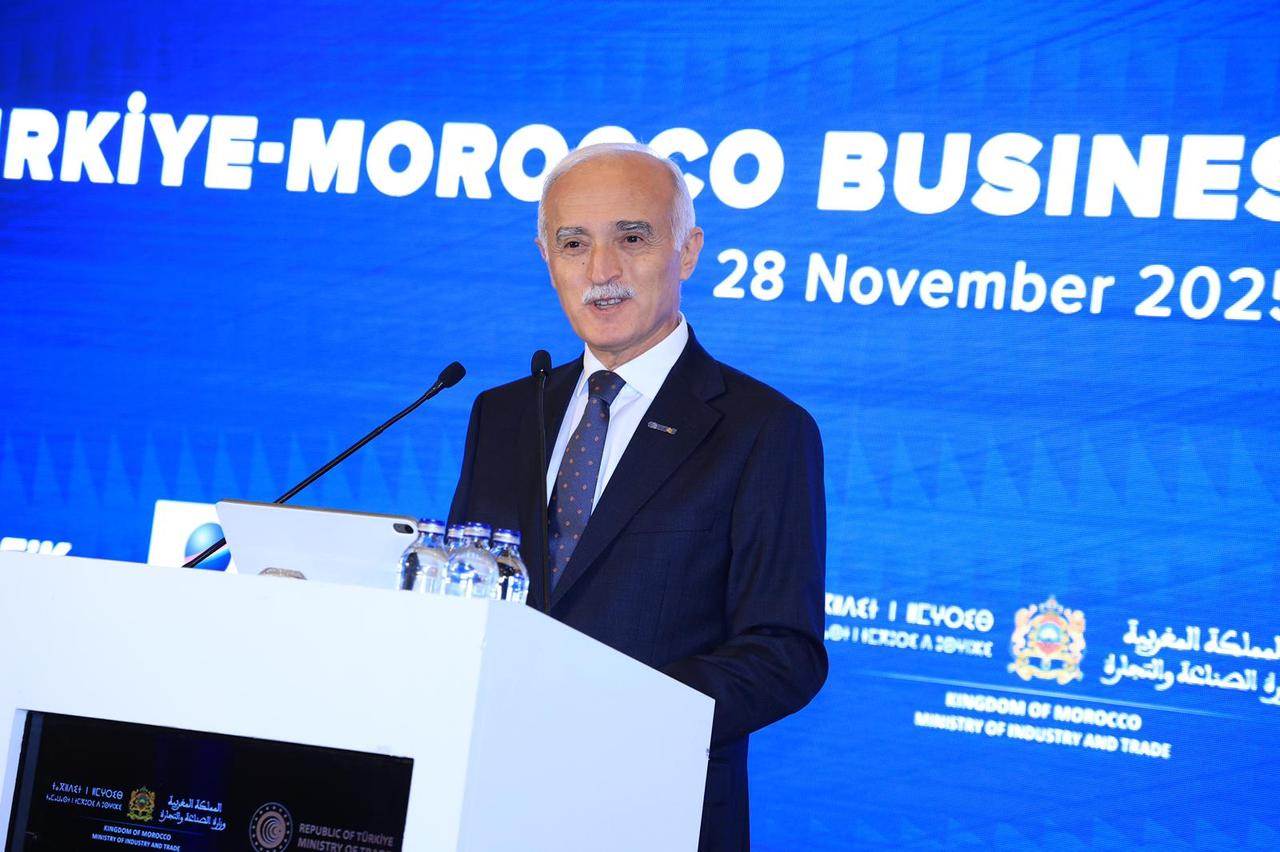 DEIK President Nail Olpak speaks at the Türkiye–Morocco Business and Investment Forum in Istanbul, Türkiye, November 28, 2025. (Courtesy of DEIK)