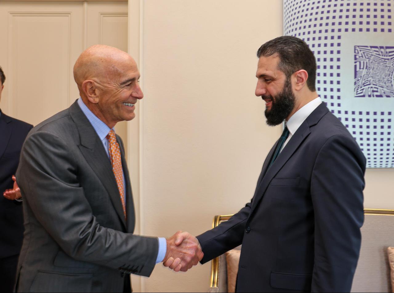 U.S. Ambassador to Türkiye and Special Envoy for Syria Tom Barrack shaking hands with Syrian President Ahmad al-Sharaa on May 24, 2025. (Photo via X)