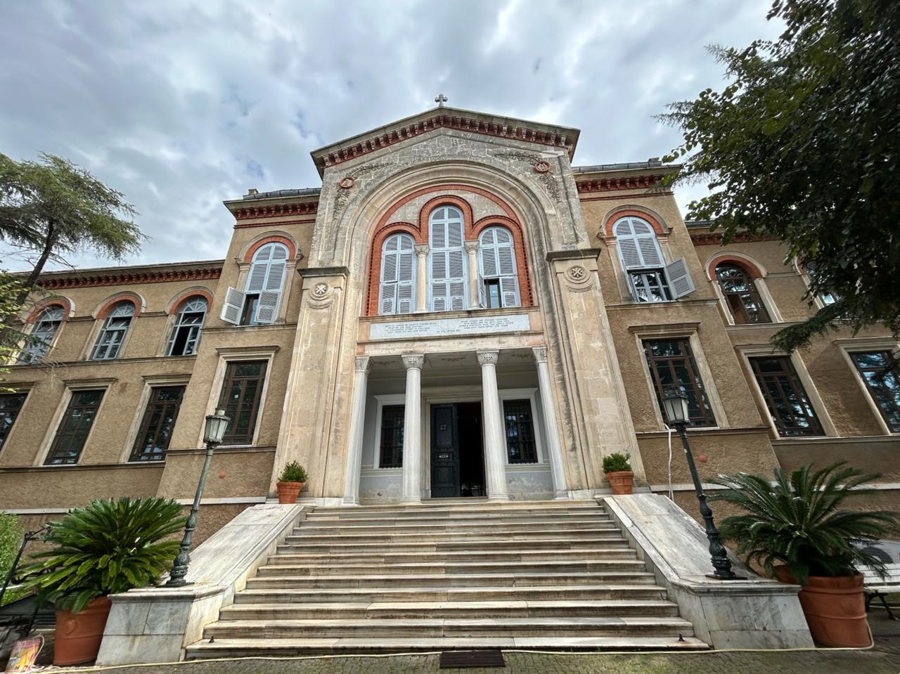 The main façade of the historic Halki Seminary on Heybeliada Island, originally rebuilt in 1896 under architect Periklis Fotiadis, now nearing full restoration, Oct. 25, 2025. (Photo by Koray Erdogan/Türkiye Today)
