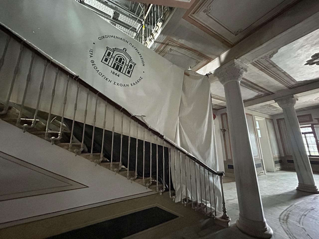 Interior view of the Seminary’s marble stairway and columns, restored to preserve their original 19th-century details, Oct. 25, 2025. (Photo by Koray Erdogan/Türkiye Today)