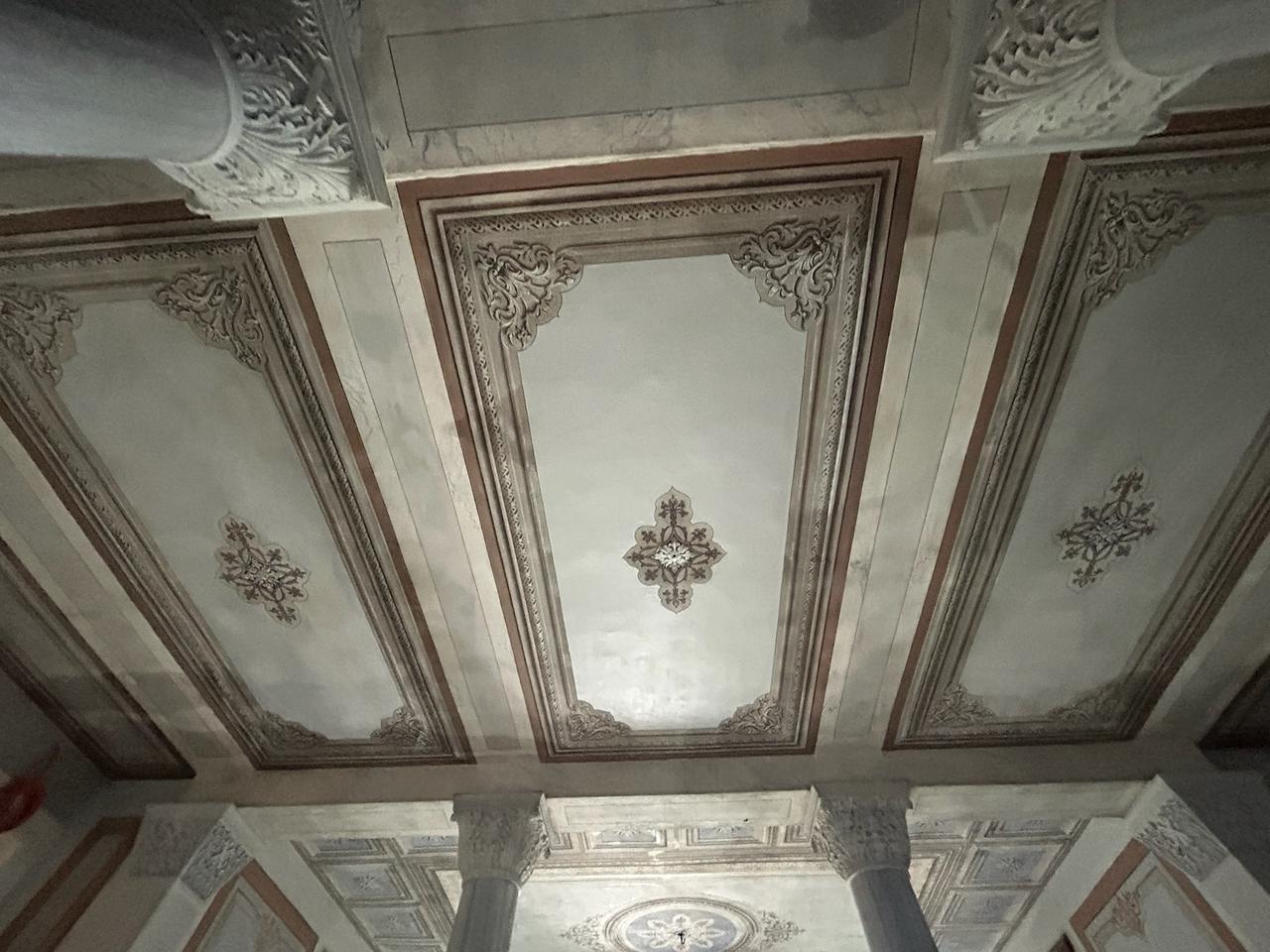 Decorative ceiling ornaments featuring neoclassical floral and geometric patterns inside the main entrance of the Halki Seminary, Istanbul, Türkiye, Oct. 25, 2025. (Photo by Koray Erdogan/Türkiye Today)