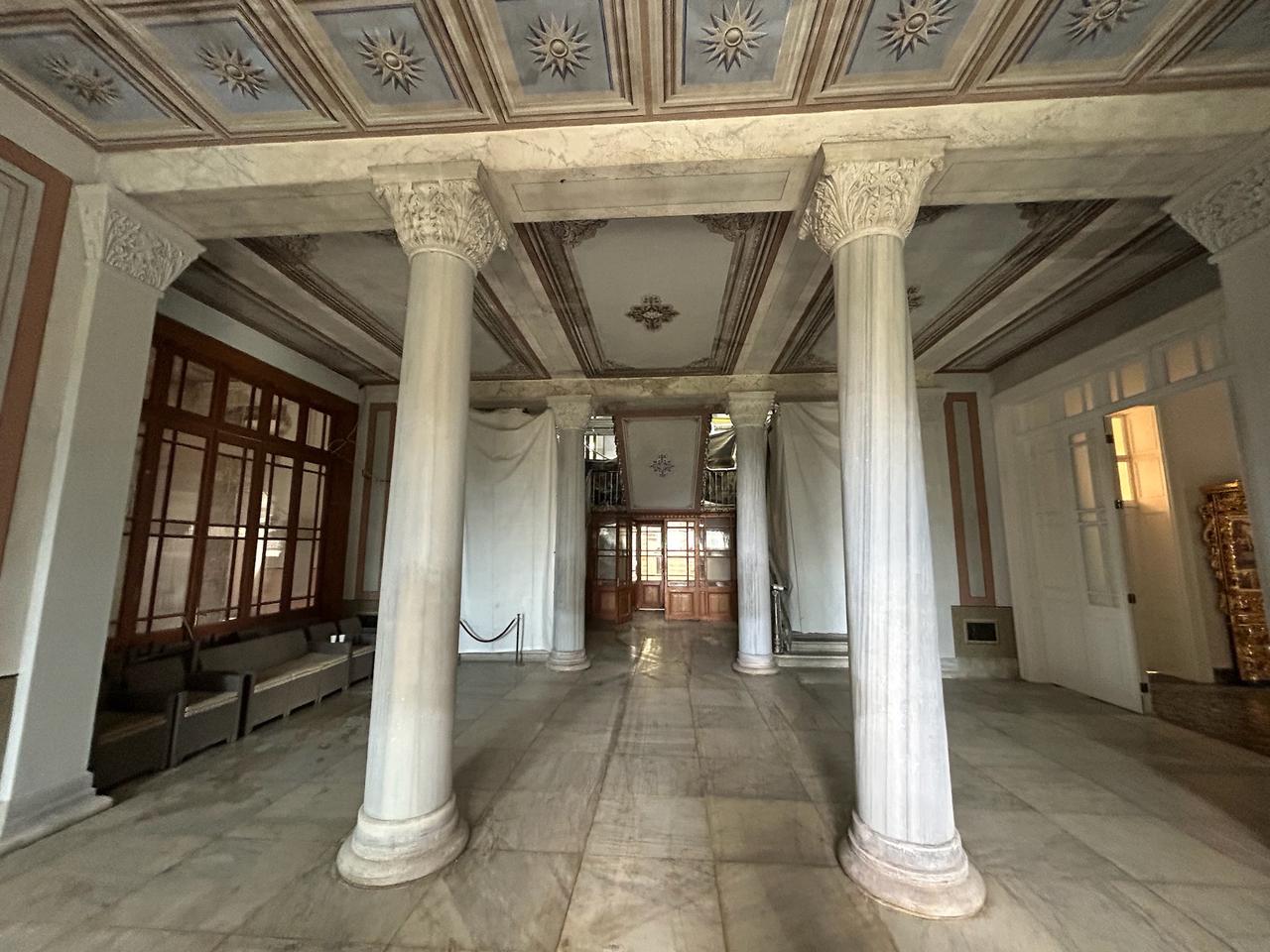 The Seminary’s central hall, where marble floors and columns are being carefully restored, Oct. 25, 2025. (Photo by Koray Erdogan/Türkiye Today)