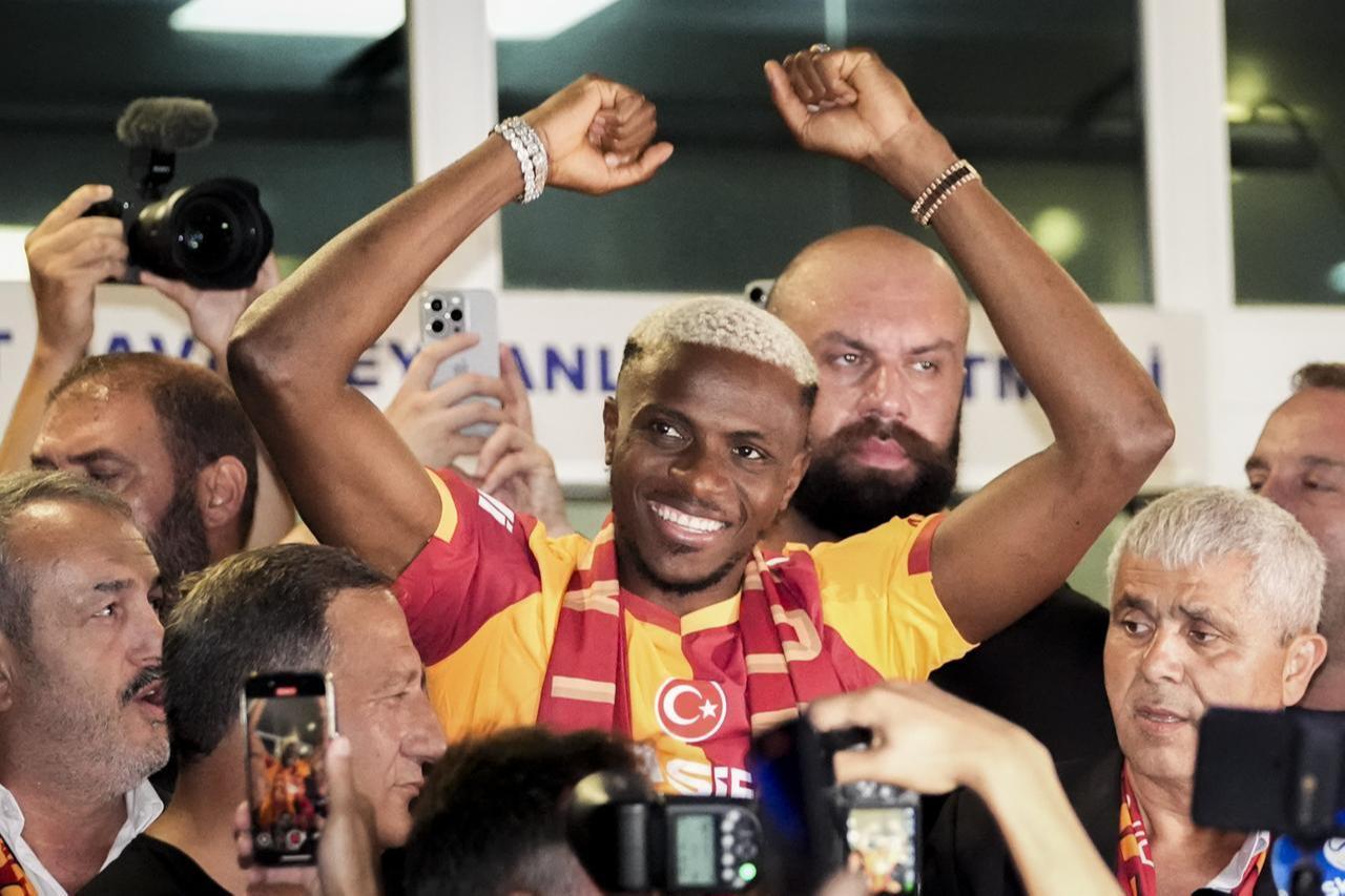 Nigerian footballer Victor Osimhen arrives at Ataturk Airport’s General Aviation Terminal by private jet, where club officials and numerous fans welcome him to Istanbul, Türkiye, July 30, 2025. (AA Photo)