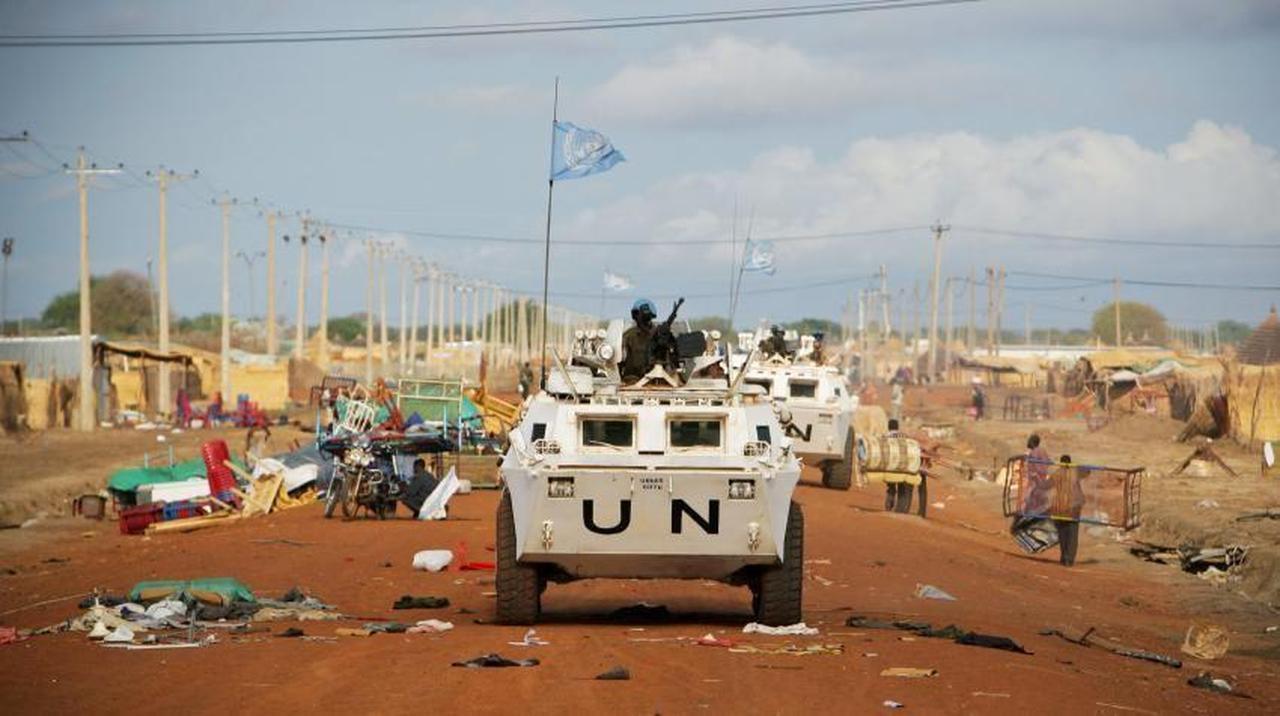 Zambian peacekeepers from the United Nations Mission in Sudan (UNMIS) patrol streets lined with looted items awaiting collection in Abyei, the main town of the disputed Abyei area on the border of Sudan and South Sudan, accessed on May 9, 2025. (Photo via AFP)