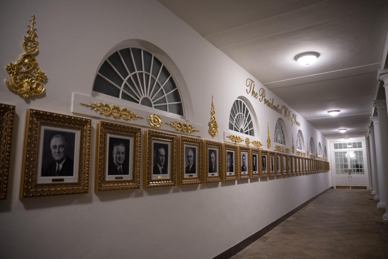 U.S. President Donald Trump returned to the White House from Palm Beach, Florida, and replaced Joe Biden’s photo with a picture of a “mechanical pen” in the newly opened presidential photo corridor, Washington, U.S., on Nov. 3, 2025. (AA Photo)