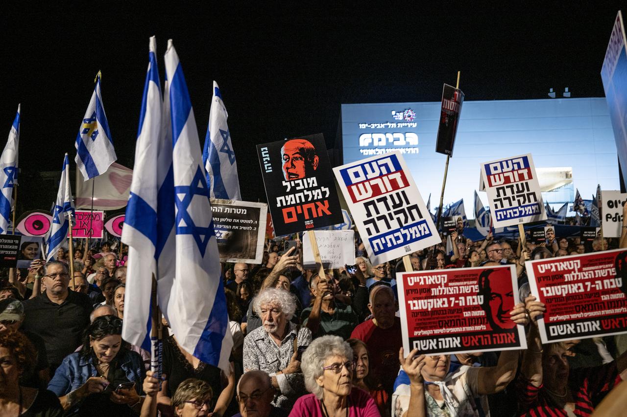 Thousands of Israelis gather in Habima Square demanding an official investigation into the events of October 7 in Tel Aviv, Israel on Nov. 22, 2025. (AA Photo)
