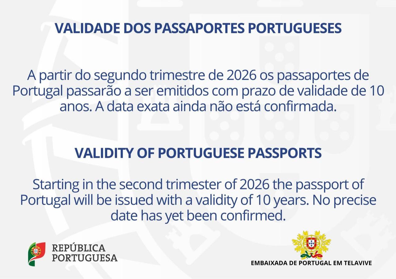 Image shows an official notice from the Portuguese Embassy in Tel Aviv informing the public that, starting from the second trimester of 2026, Portugal will begin issuing passports with a 10-year validity period—up from the current five years, November 26, 2025. (Photo via Facebook)