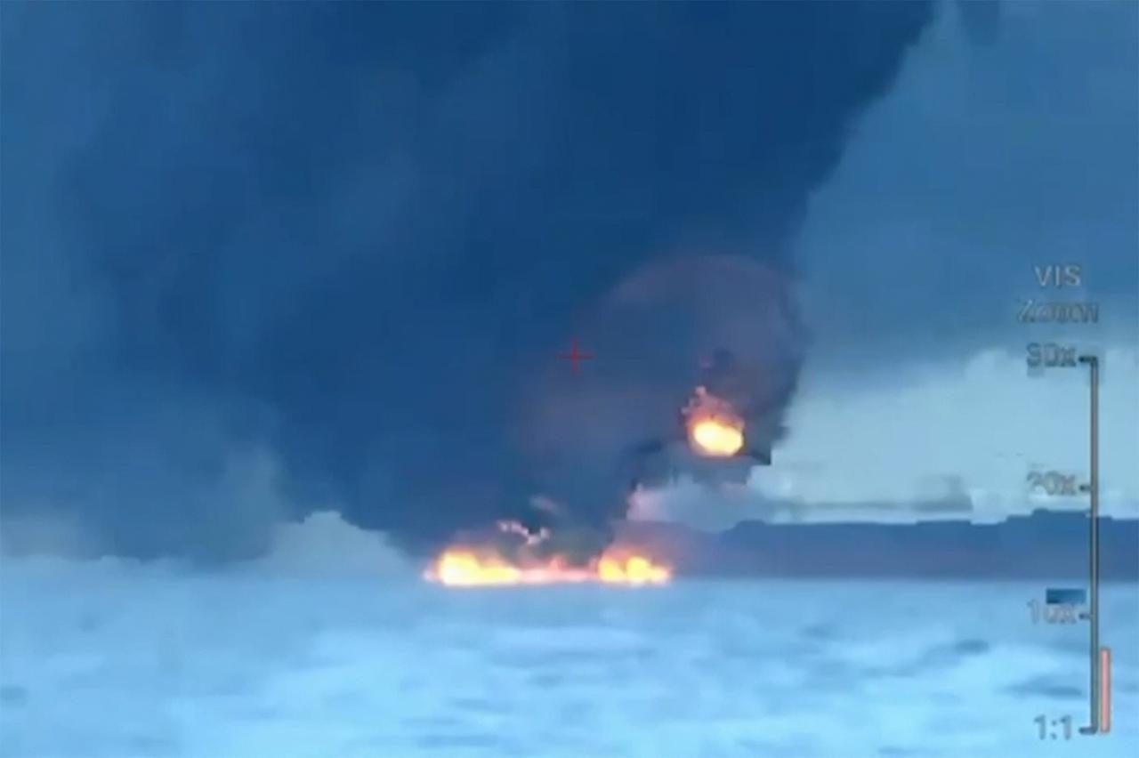 This video grab taken from images released by the Security service of Ukraine (SBU) shows smoke rising from a cargo ship on fire in the Black Sea off the Turkish coast, accessed on Nov. 29, 2025 (Security service of Ukraine HO / AFP Photo)