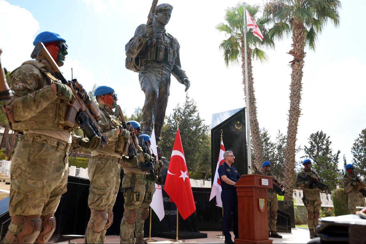Ministry of National Defense (MoD) Press and Public Relations Counselor and Ministry Spokesperson Rear Admiral Zeki Akturk speaking in Turkish Cyprus, Oct. 2, 2025. (AA Photo)