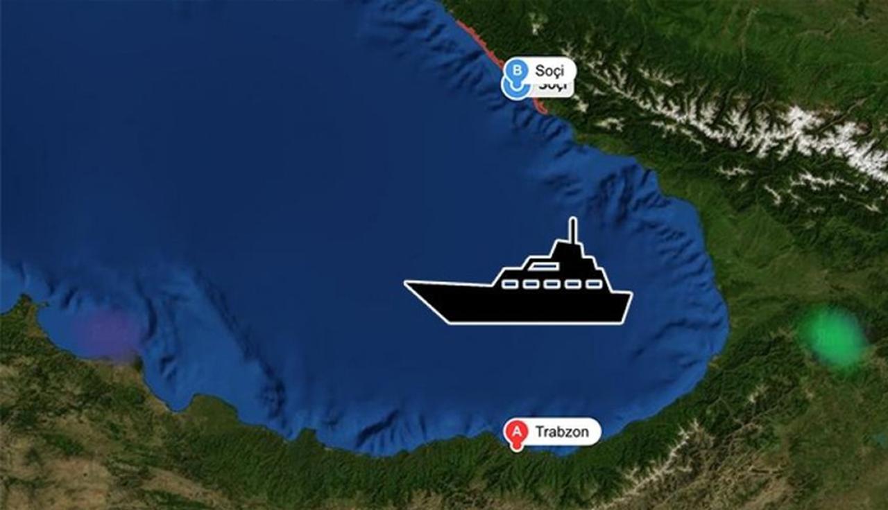 Map showing the ferry route between Trabzon, Türkiye, and Sochi, Russia — a 12-hour journey across the Black Sea. (Image via 61saat)