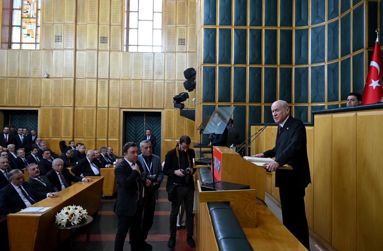 Türkiye's Nationalist Movement Party (MHP) leader Devlet Bahceli makes a speech during his party's group meeting at the Turkish Grand National Assembly in Ankara, Türkiye on November 4, 2025. (AA Photo)
