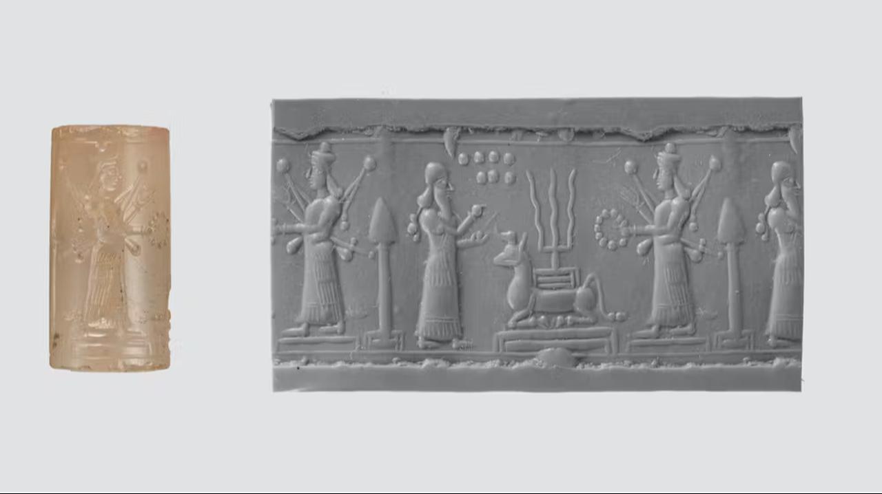 Assyrian chalcedony cylinder seal depicting a cultic ritual scene, shown here with its impression. (Image via Metropolitan Museum of Art)