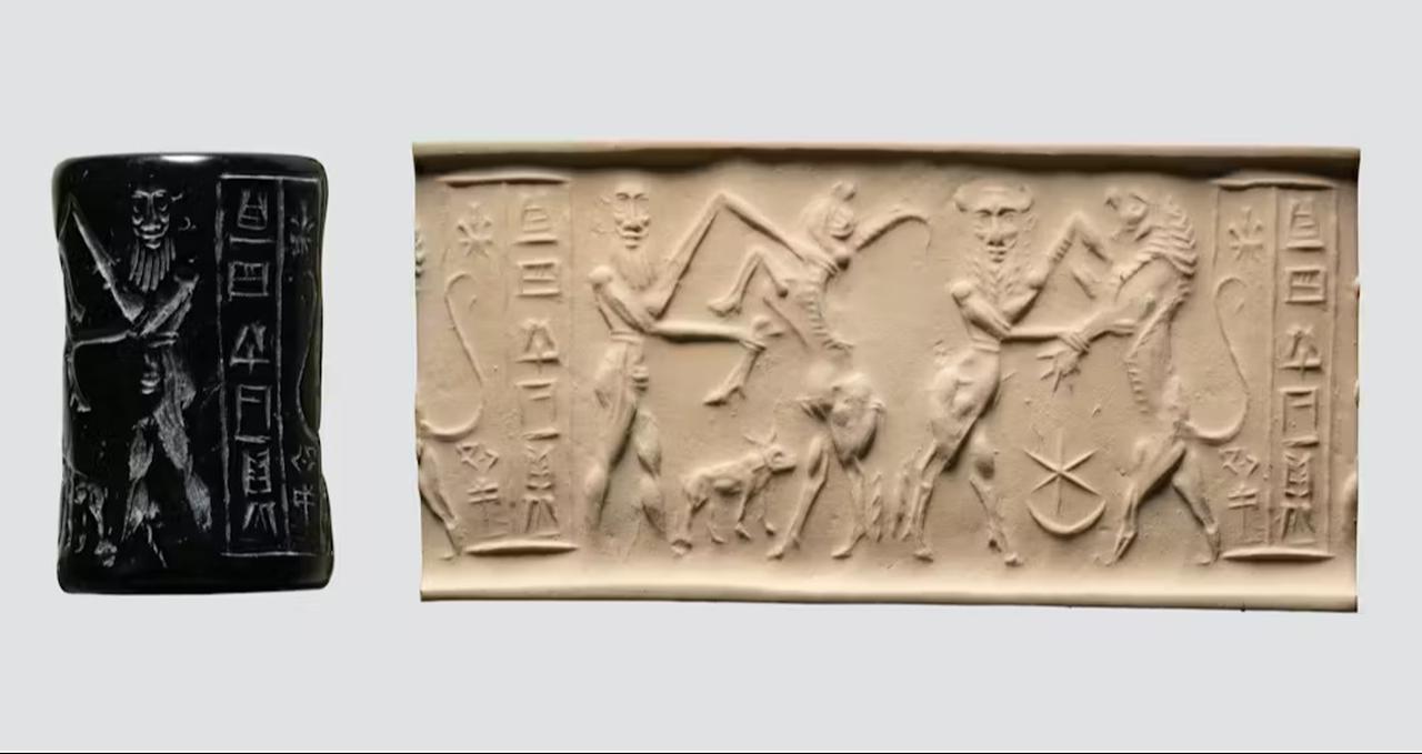 Akkadian serpentine cylinder seal showing a bull-man and a hero wrestling mythic animals. (Image via Metropolitan Museum of Art)