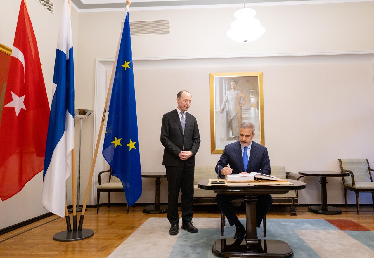 Foreign Minister Hakan Fidan (R) meets with Speaker of the Finnish Parliament (Eduskunta) Jussi Halla-aho during his official visit to Helsinki, Finland, on Nov. 5, 2025. (AA Photo)