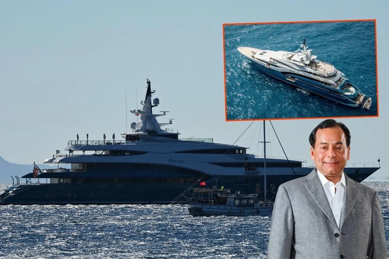 The mega yacht Sunrays, owned by Indian billionaire Ravi Ruia, seen anchored off the coast of Bodrum during a previous visit to the region. (Photo collage via Patronlar Dunyasi)