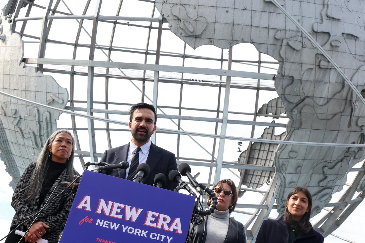 New York City mayor-elect Zohran Mamdani, alongside his mayoral transition team, speaks during a news conference at Flushing Meadows–Corona Park in the Queens borough of New York City on Nov. 5, 2025. (AFP Photo)
