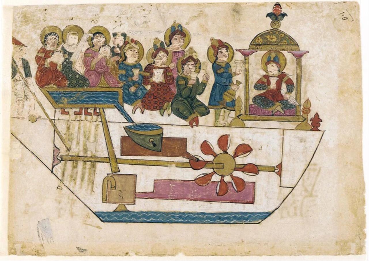 Miniature illustration depicting one of Al-Jazari’s automated water-powered devices, from his manuscript “The Book of Knowledge of Ingenious Mechanical Devices.” (Photo via Murat Oztekin/Türkiye daily)