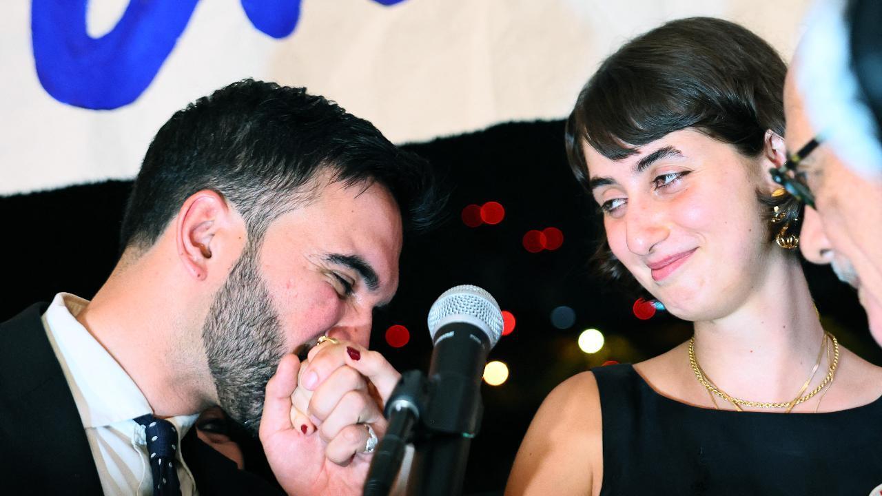 Zohran Mamdani with his wife, at Brooklyn Steel in Brooklyn, New York, US, May 2 2025. (AFP Photo)