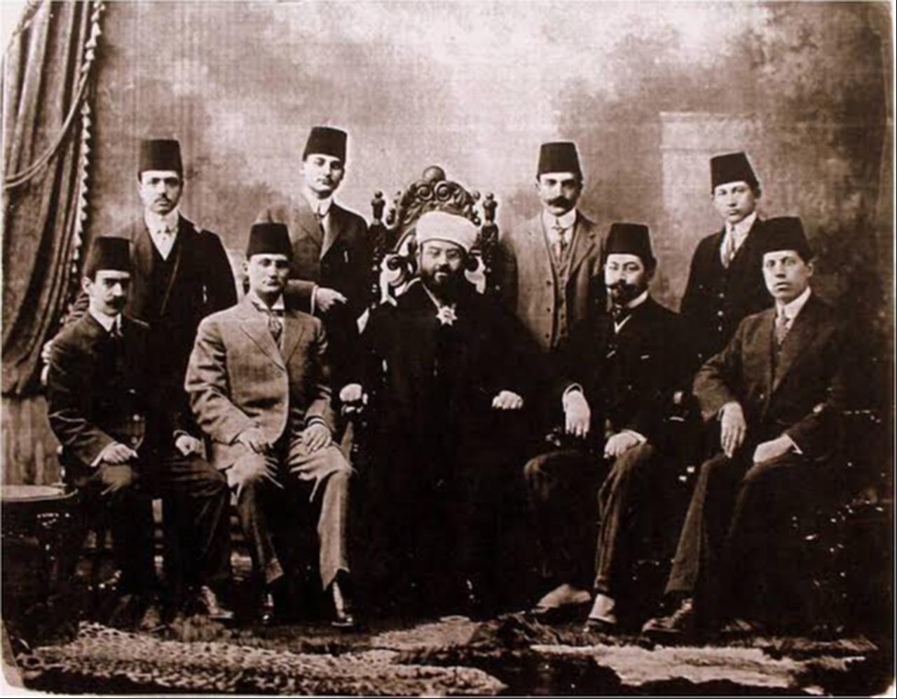 Ottoman students at Columbia University, with Mehmed Ali Efendi, imam of the mosque established by the Ottoman Embassy, New York, US, 1910. (Photo by X)
