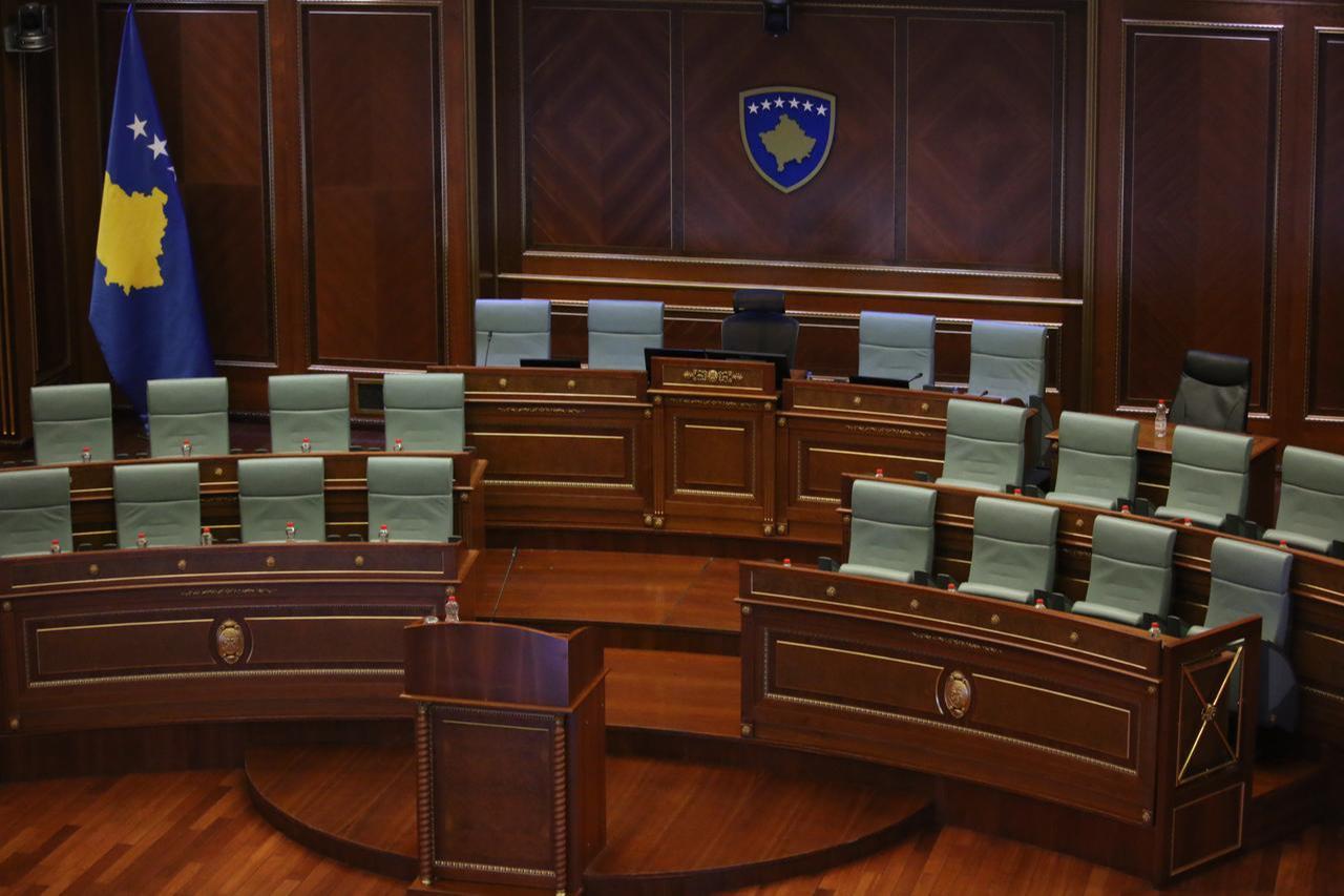 A general view shows the empty parliament chamber after the new government proposed by Vetevendosje party leader and prime minister candidate Albin Kurti failed to secure enough votes in the confidence vote in Pristina, Kosovo, on Oct. 26, 2025. (AA Photo)