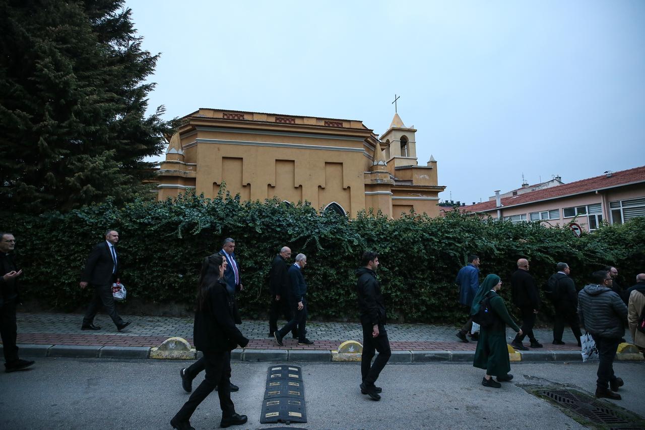 Vatican delegation that includes the Pope’s Vicar General, Cardinal Baldassare Reina, visit historic caravanserai Koza Han in Bursa, Türkiye, Nov. 5, 2025. (AA Photo)