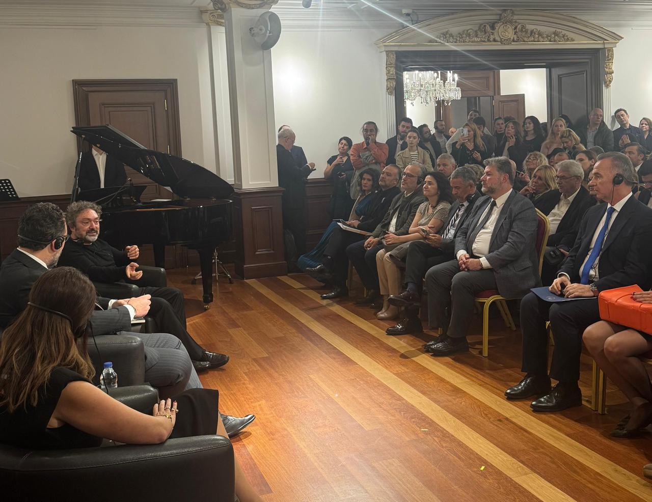 A panel discussion highlights Theodorakis’ impact on shared cultural memory across the Aegean, with Greek and Turkish contributors taking part, Nov. 5, 2025. (Photo via Press Office of the Consulate General of Greece in Istanbul)