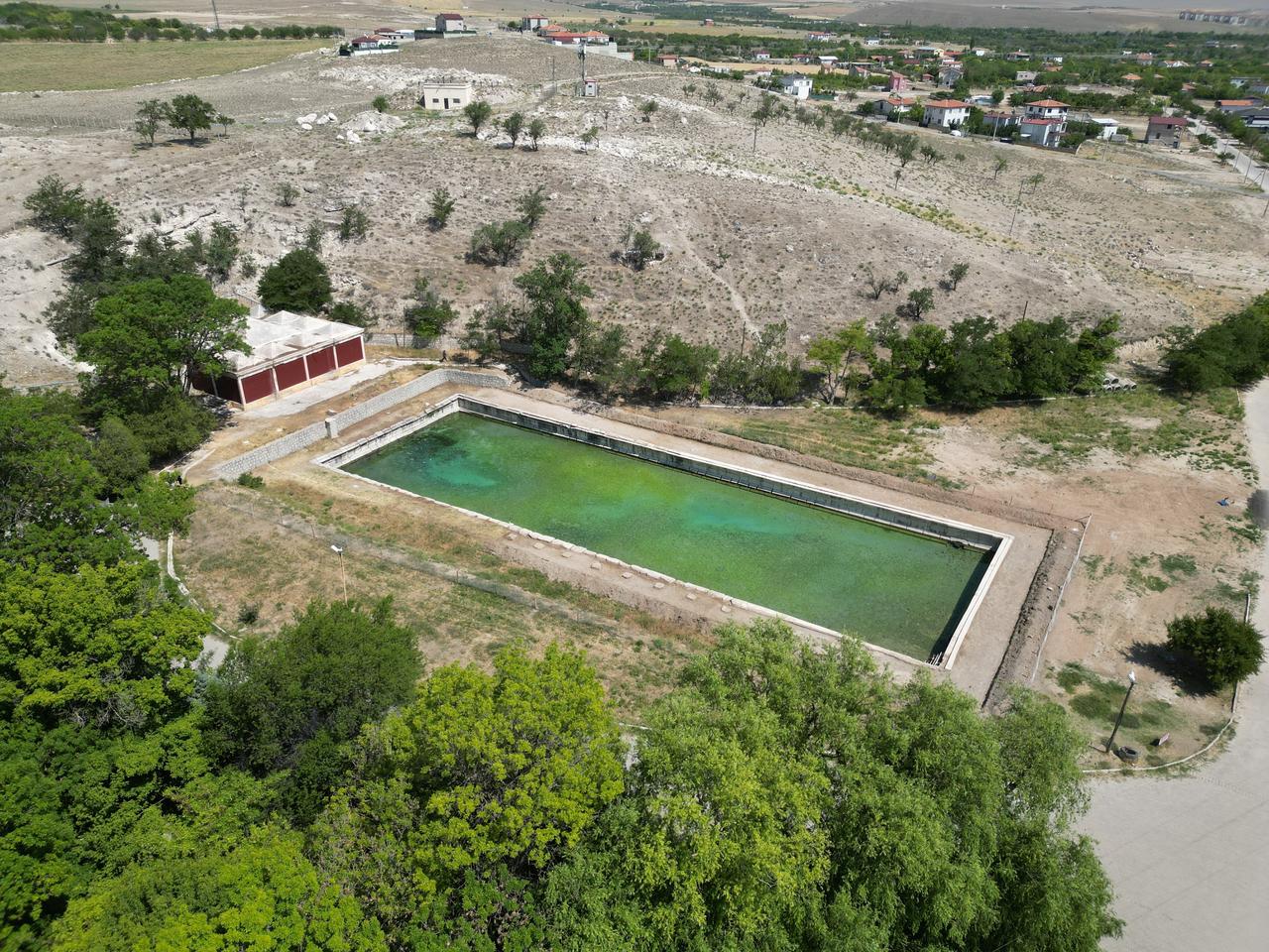 An aerial view of the Roman Pool complex, located near the ancient city of Tyana in the Bor district of Nigde, central Türkiye, Nov. 7, 2025. (IHA Photo)