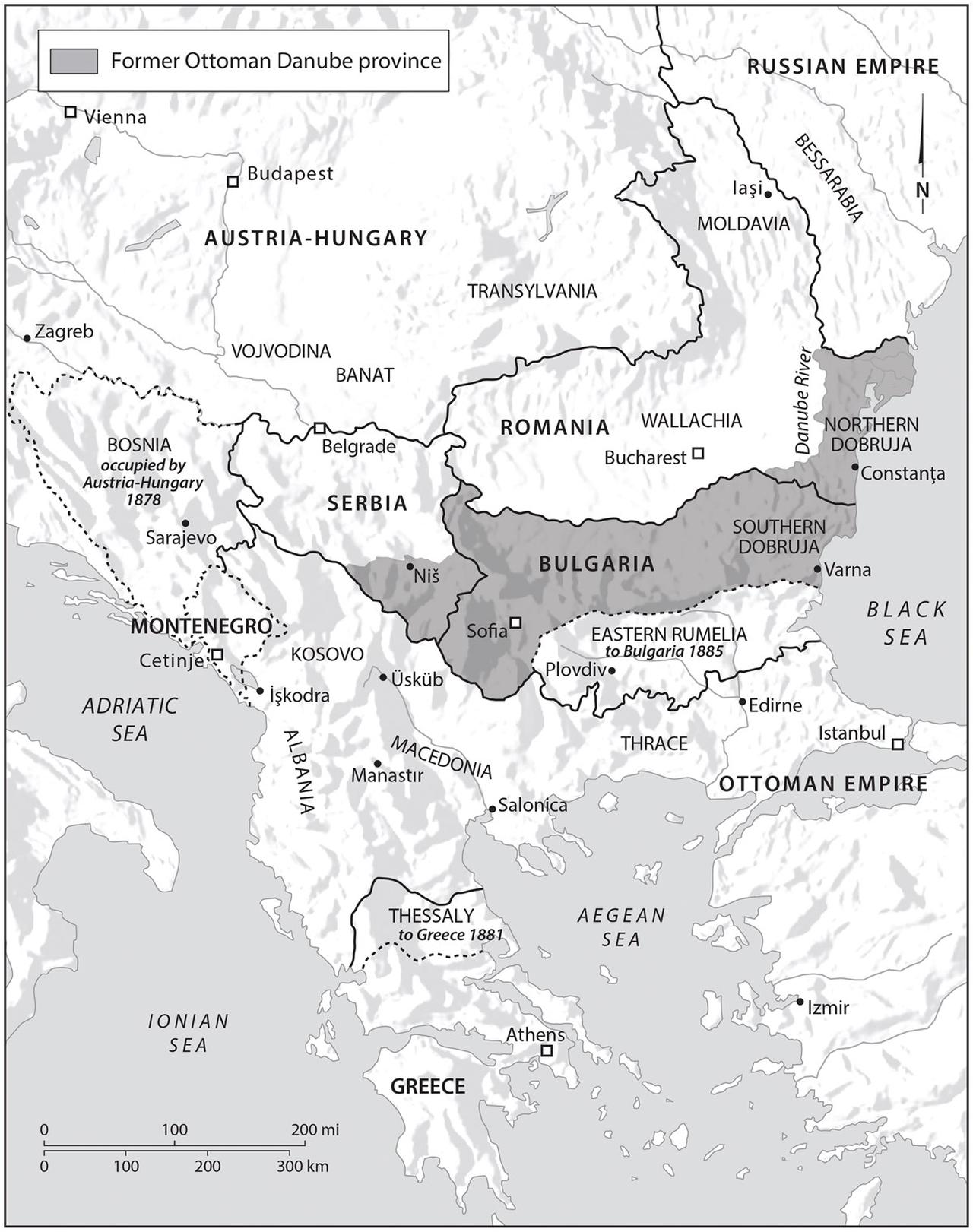 Map showing the political borders of the Balkans after 1878, following the Treaty of Berlin, with territories formerly under Ottoman rule highlighted. (Image via Oxford Academic)